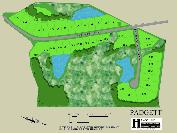 Hanco COnstruction site plan of the new home community of Padgett Lane in Conway