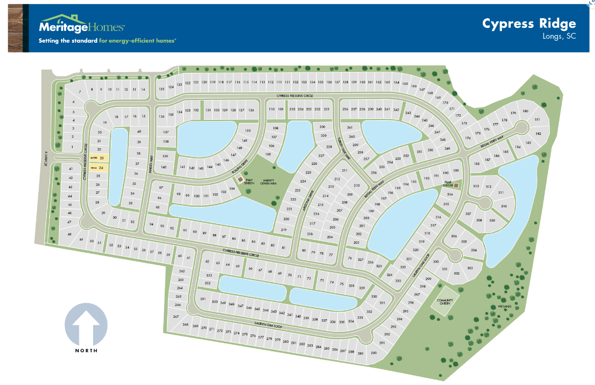 Meritage Homes Community Map of the new home community of Cypress Ridge in Longs, SC