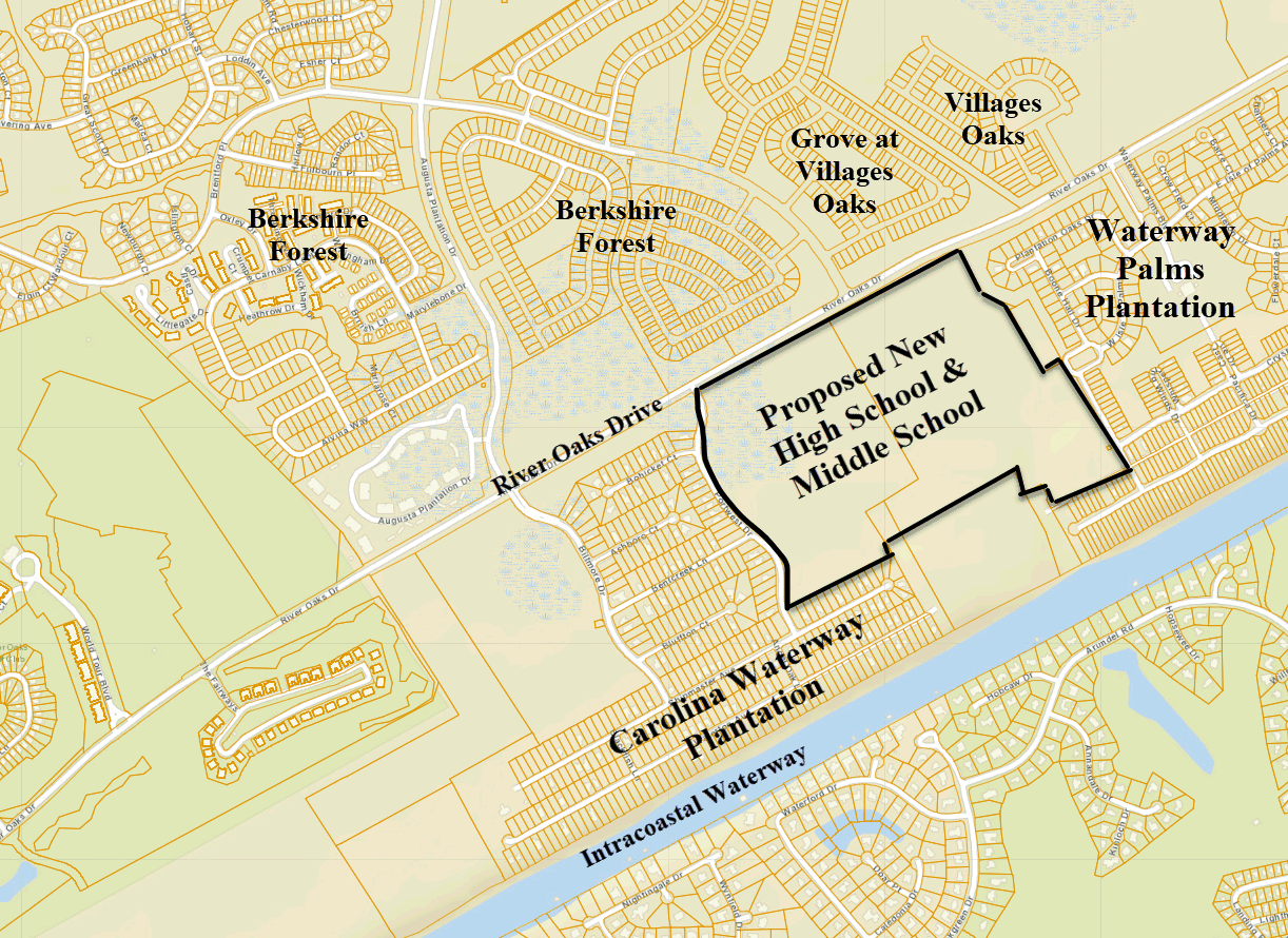 Propose expansion of Coastal High School between Carolina Waterwat Plantation and Waterway Palms Plantation